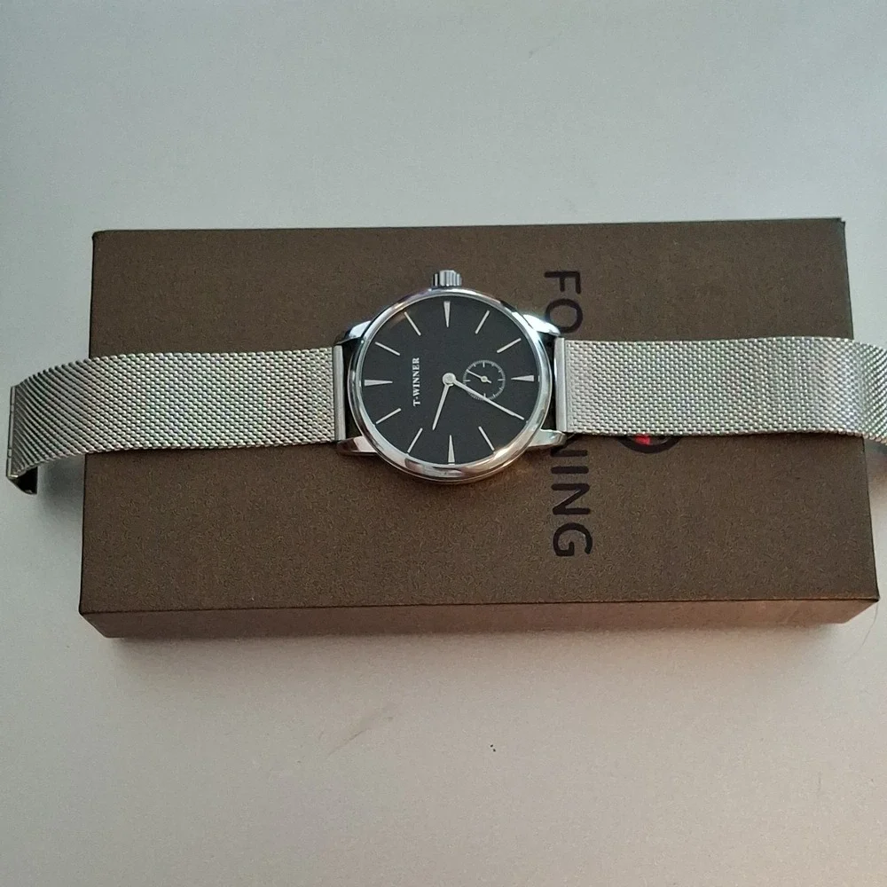 NIB Forsining T-Winner Silvertone Mens Watch.Hand Wind Mechanical ,Mesh Band.